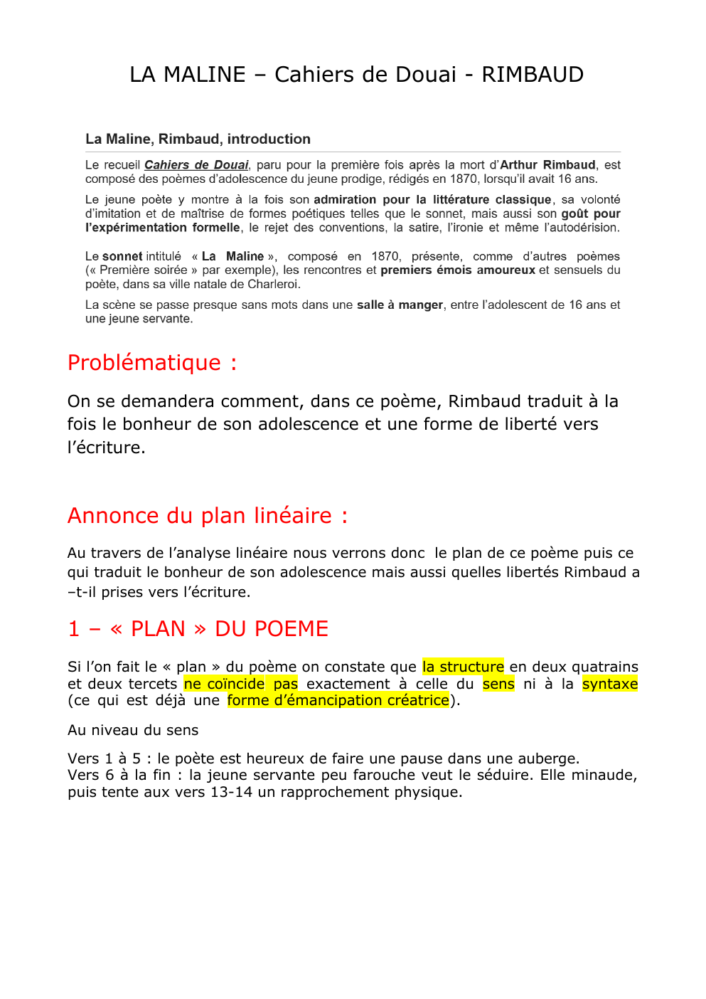 Prévisualisation du document ANALYSE LINEAIRE LA MALINE RIMBAUD