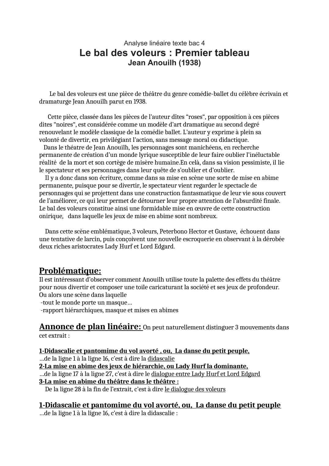 Prévisualisation du document Analyse linéaire Le bal des voleurs Premier Tableau Jean Anouilh