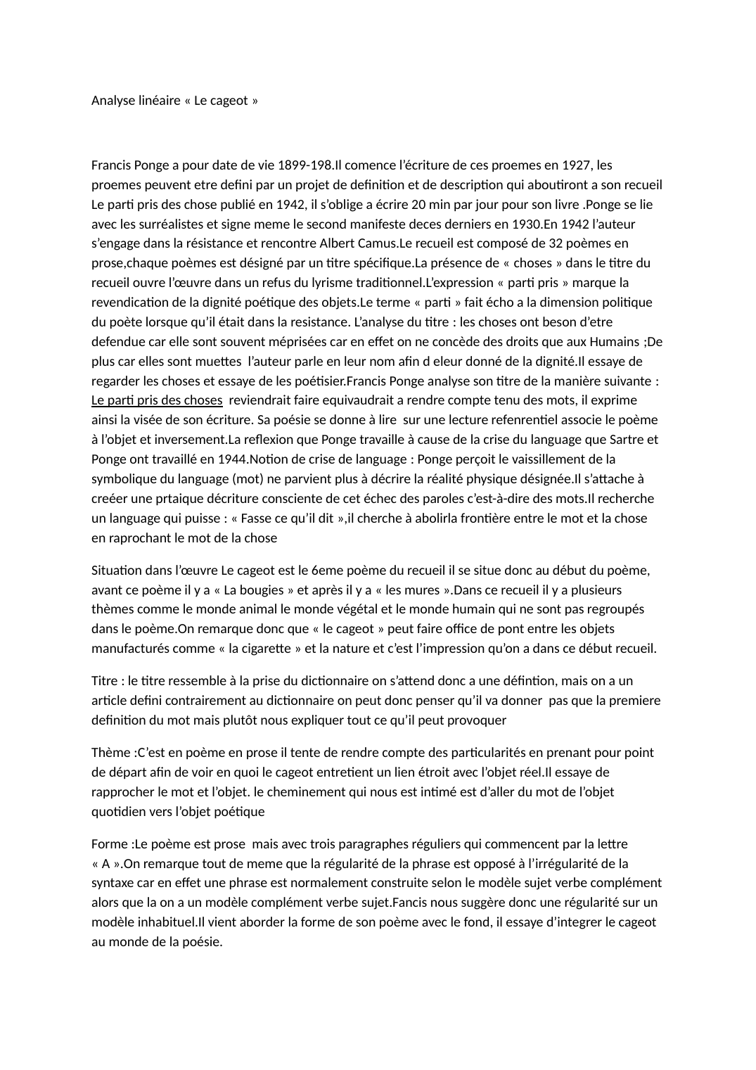 Prévisualisation du document Analyse linéaire « Le cageot » Francis Ponge