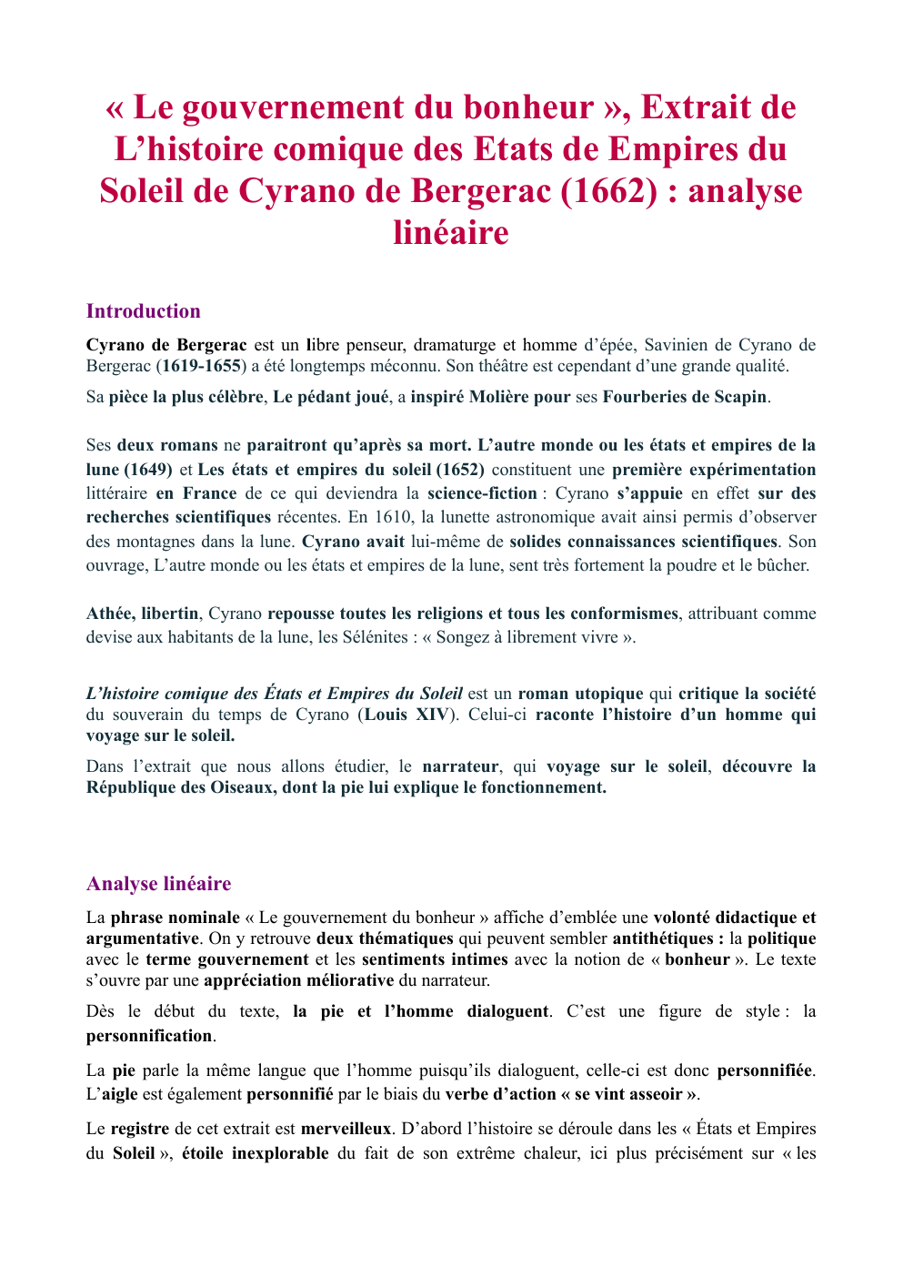Prévisualisation du document Analyse linéaire Le Gouvernement du bonheur Cyrano de Bergerac