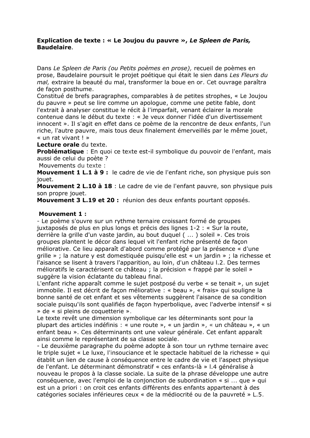 Prévisualisation du document Analyse linéaire le joujou du pauvre Baudelaire