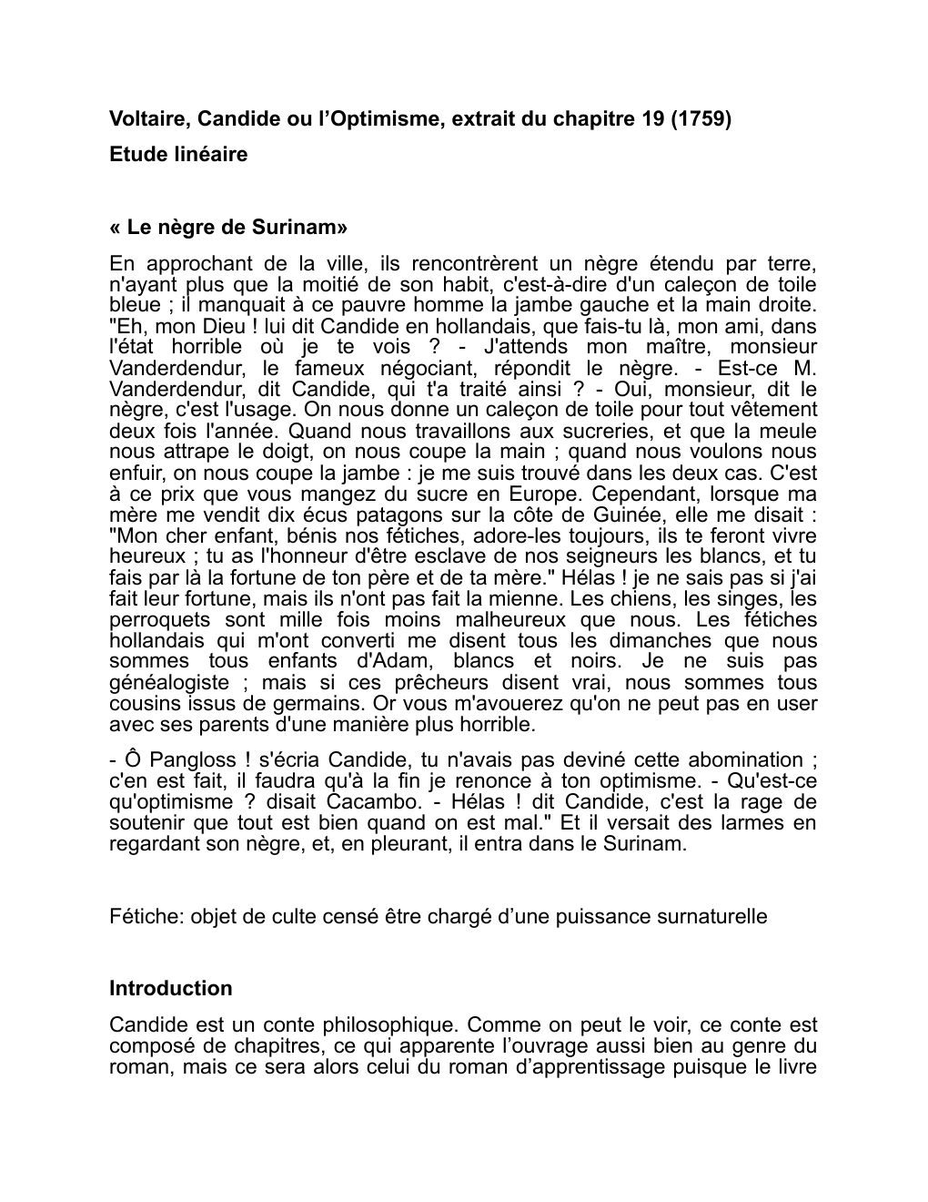 Prévisualisation du document Analyse linéaire Le nègre de Surinam Candide