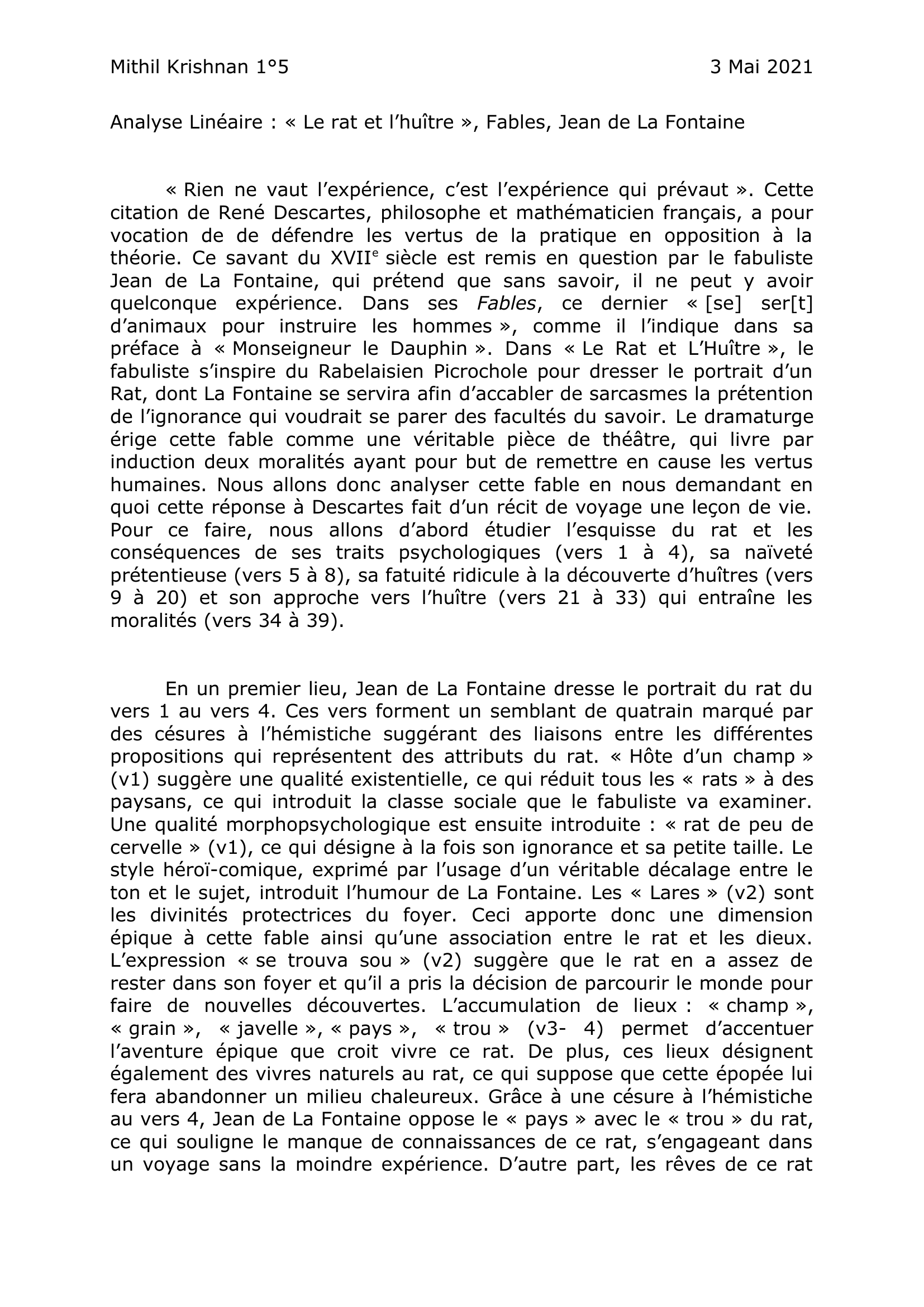 Prévisualisation du document Analyse Linéaire : « Le rat et l’huître », Fables, Jean de La Fontaine