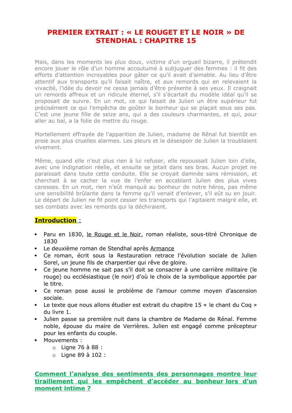 Prévisualisation du document Analyse linéaire Le Rouge et le Noir livre I chapitre 15