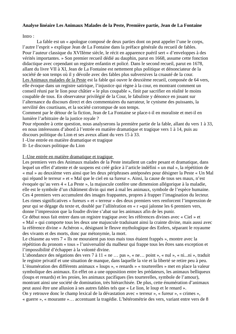 Prévisualisation du document Analyse linéaire "Les animaux malades de la peste" vers 1 à 33, de La Fontaine