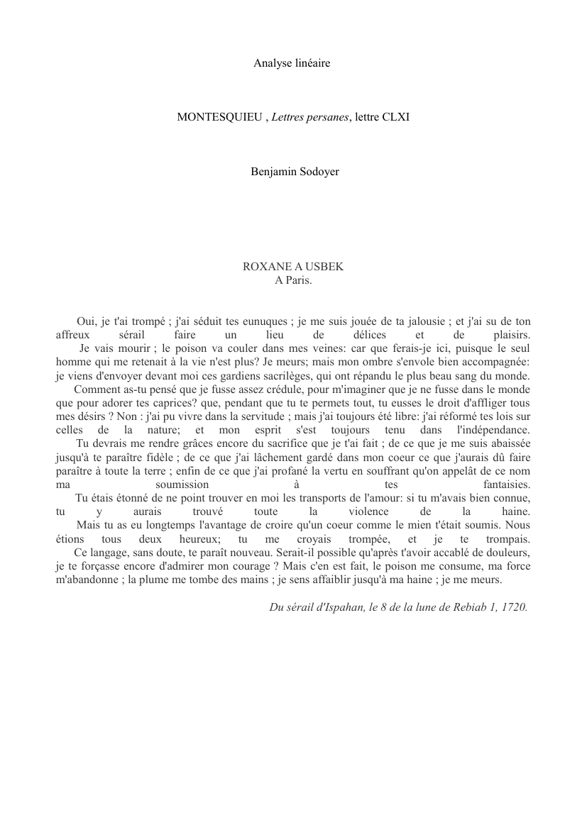 Prévisualisation du document Analyse linéaire lettres persanes lettre 161