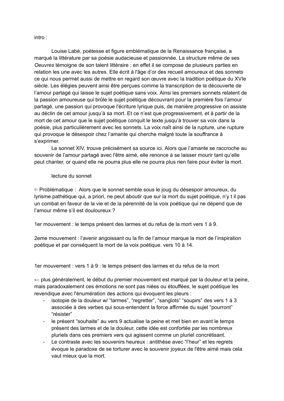 Prévisualisation du document analyse linéaire louise labé sonnet XIV