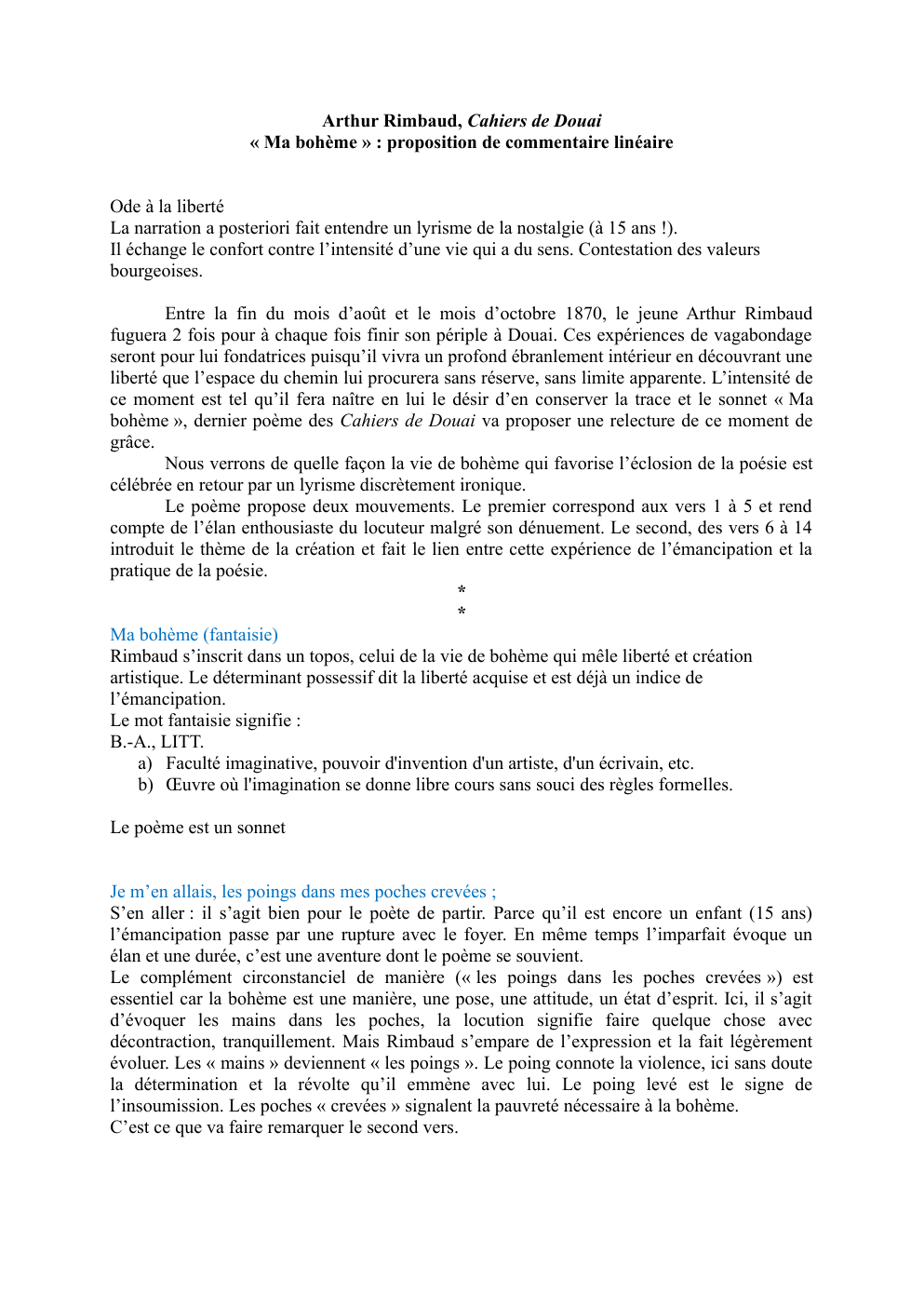 Prévisualisation du document analyse linéaire ma bohème de Rimbaud