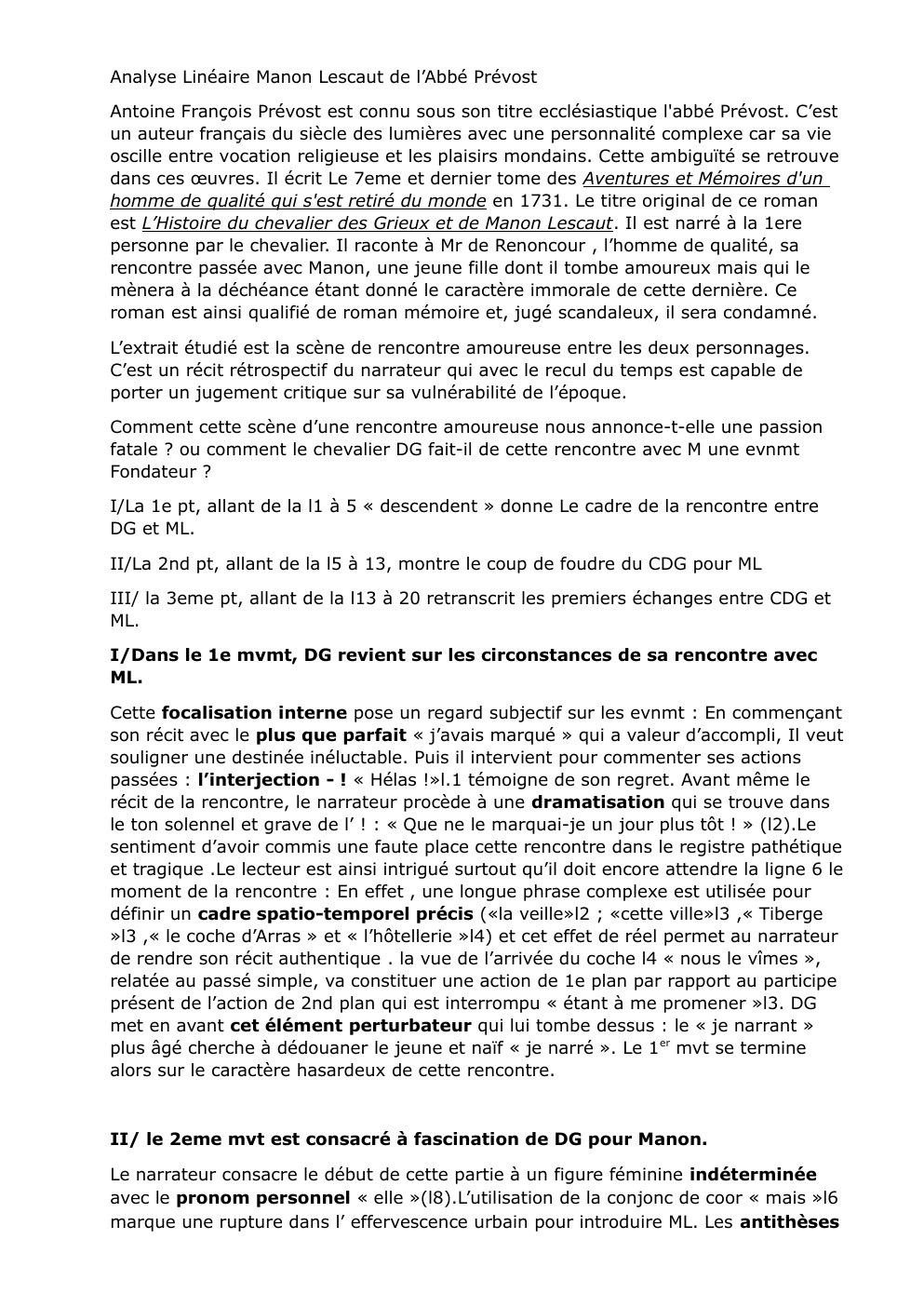 Prévisualisation du document Analyse linéaire Manon Lescaut la rencontre: Analyse Linéaire Manon Lescaut de l’Abbé Prévost