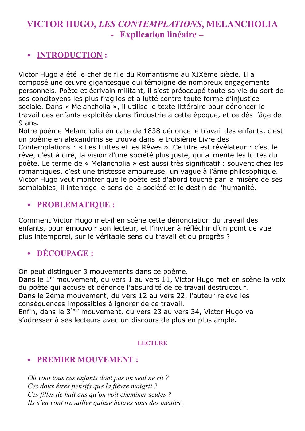 Prévisualisation du document Analyse linéaire Melancholia de Victor Hugo