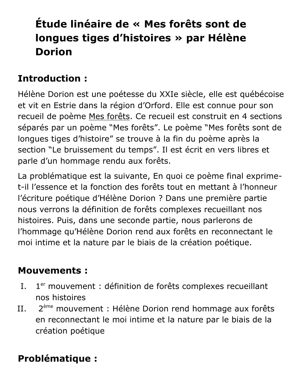 Prévisualisation du document Analyse linéaire Mes forêts sont de longues tiges d'histoire, Hélène Dorion