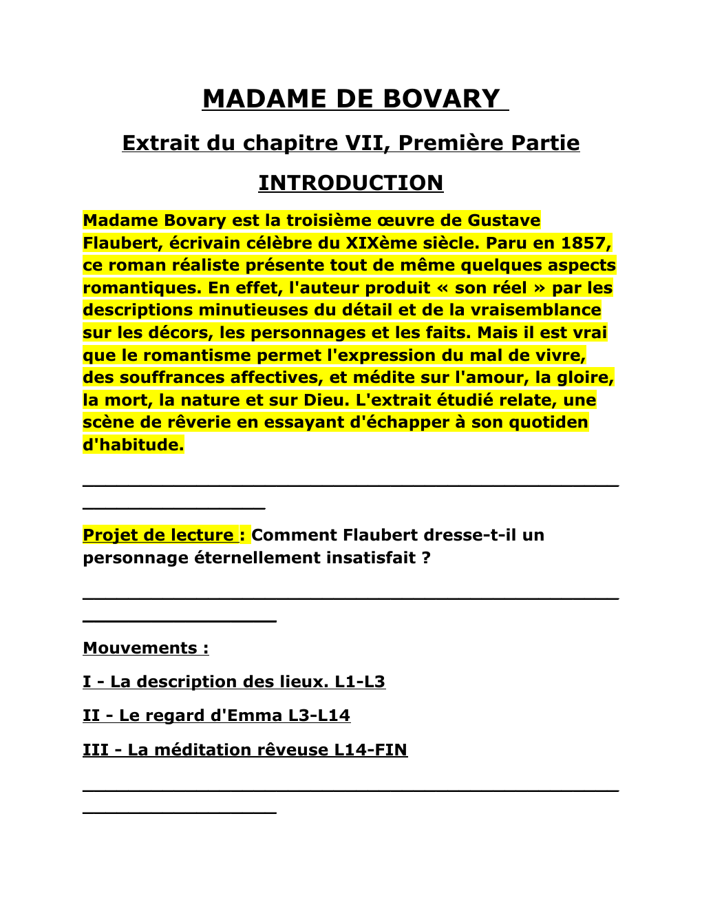 Prévisualisation du document Analyse Linéaire Mme de Bovary: Extrait du chapitre VII, Première Partie