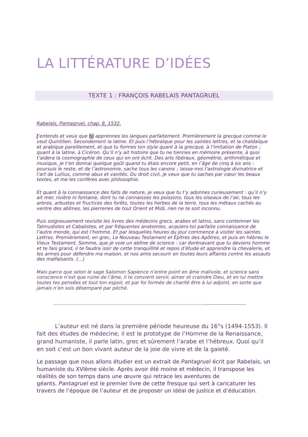 Prévisualisation du document Analyse linéaire Pantagruel chapitre 8 de François Rabelais