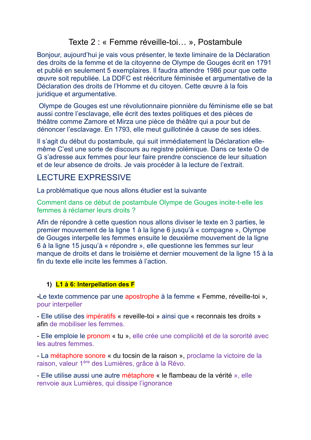 Prévisualisation du document Analyse linéaire Postambule DDFC Olympe de Gouges