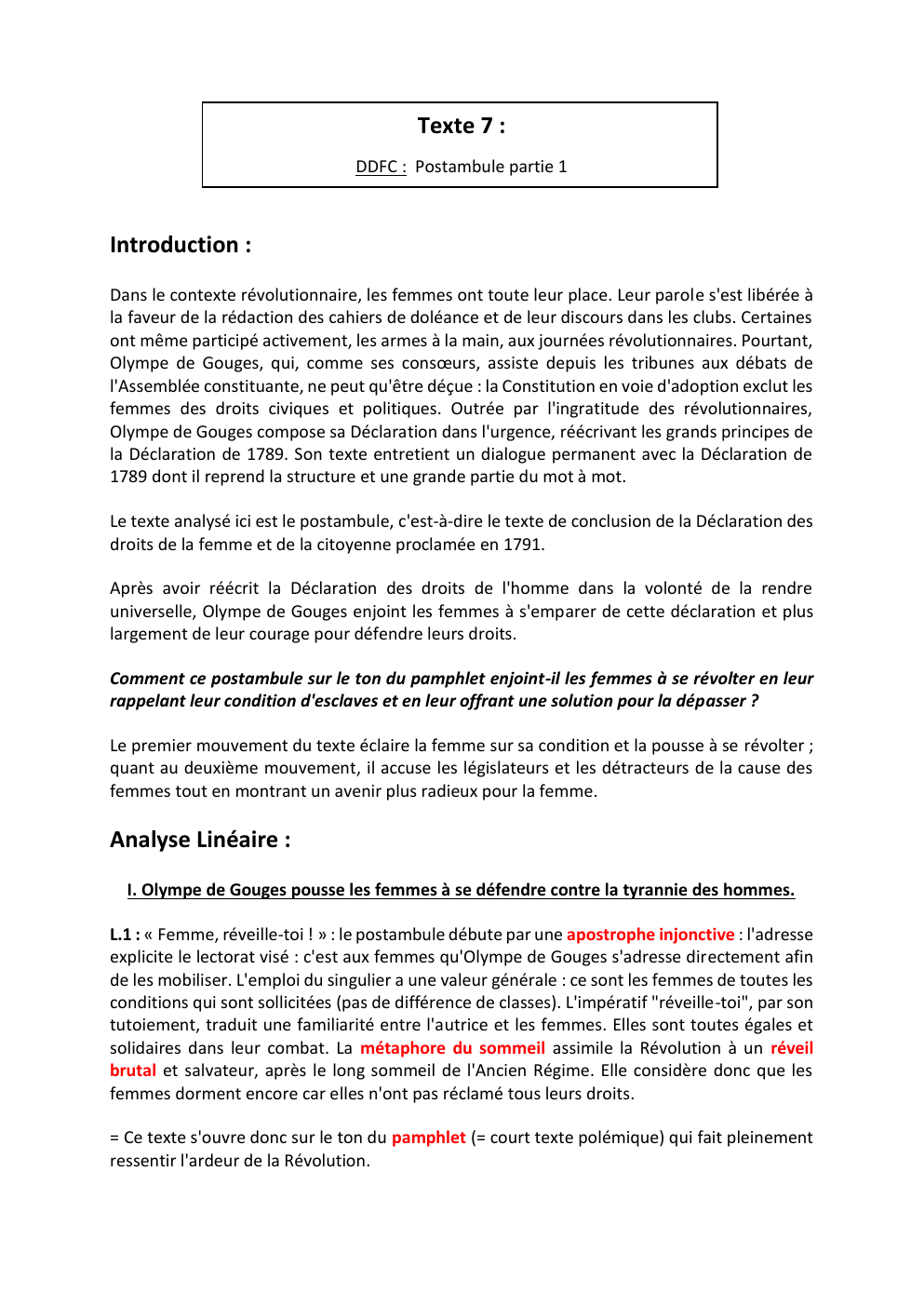 Prévisualisation du document Analyse linéaire postambule Déclaration des droits de la femme et de la citoyenne Olympe de Gouges