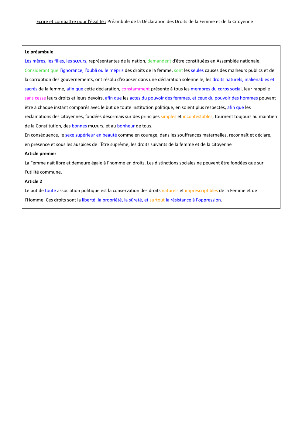 Prévisualisation du document Analyse linéaire Préambule de la Déclaration des Droits de la Femme et de la Citoyenne