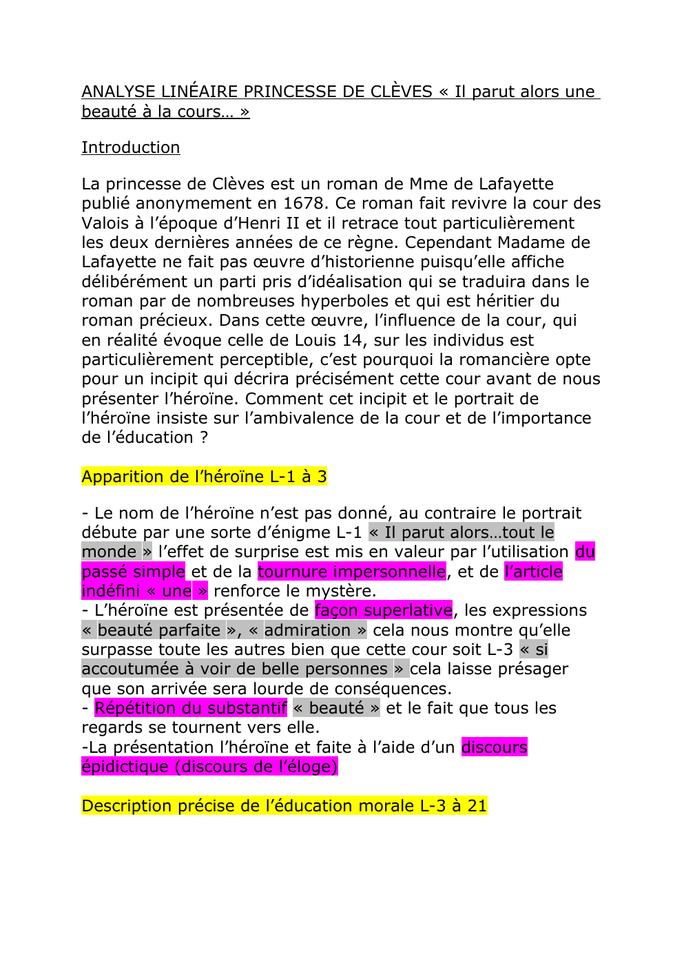 Prévisualisation du document ANALYSE LINÉAIRE PRINCESSE DE CLÈVES « Il parut alors une beauté à la cours… »