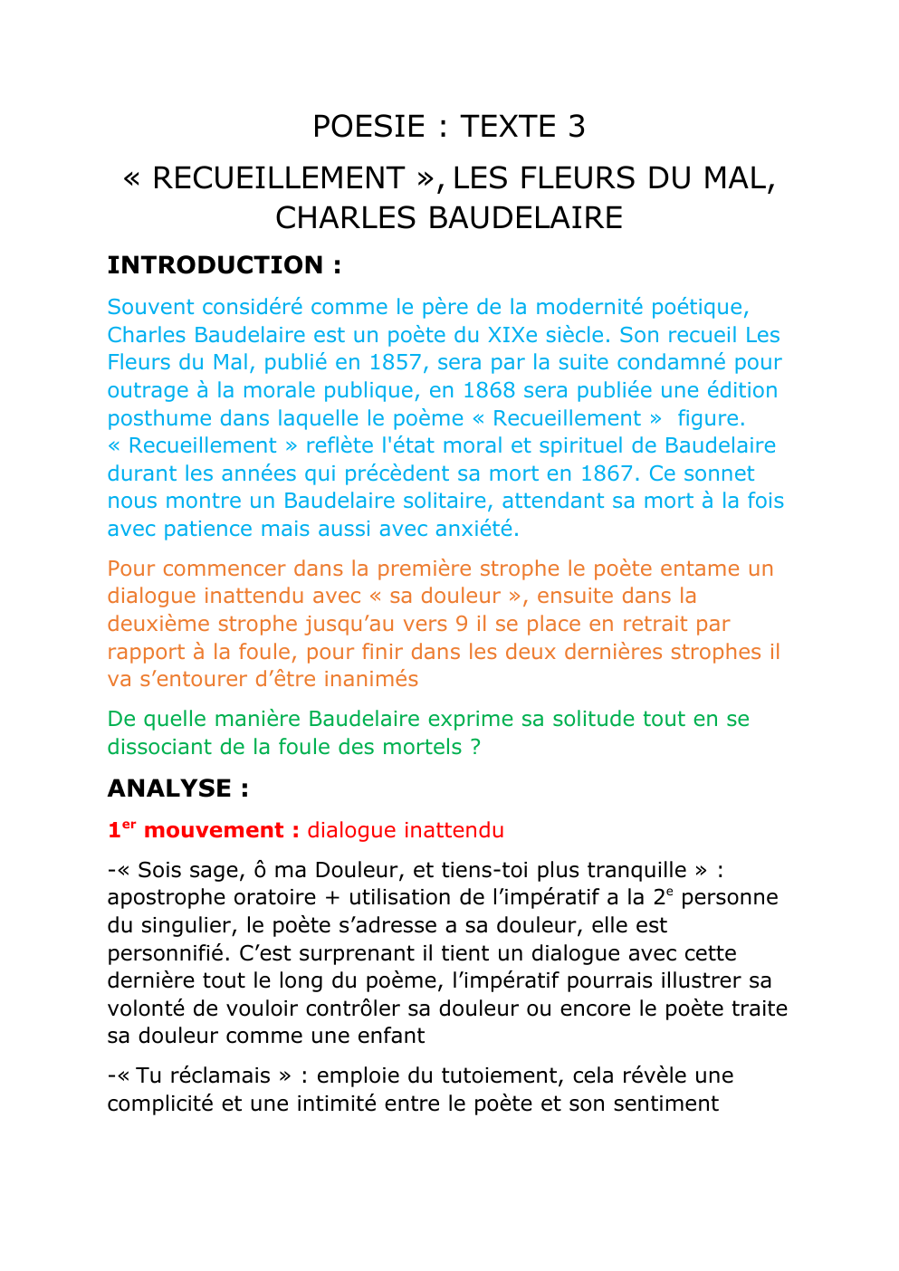 Prévisualisation du document analyse linéaire "recueillement" Baudelaire