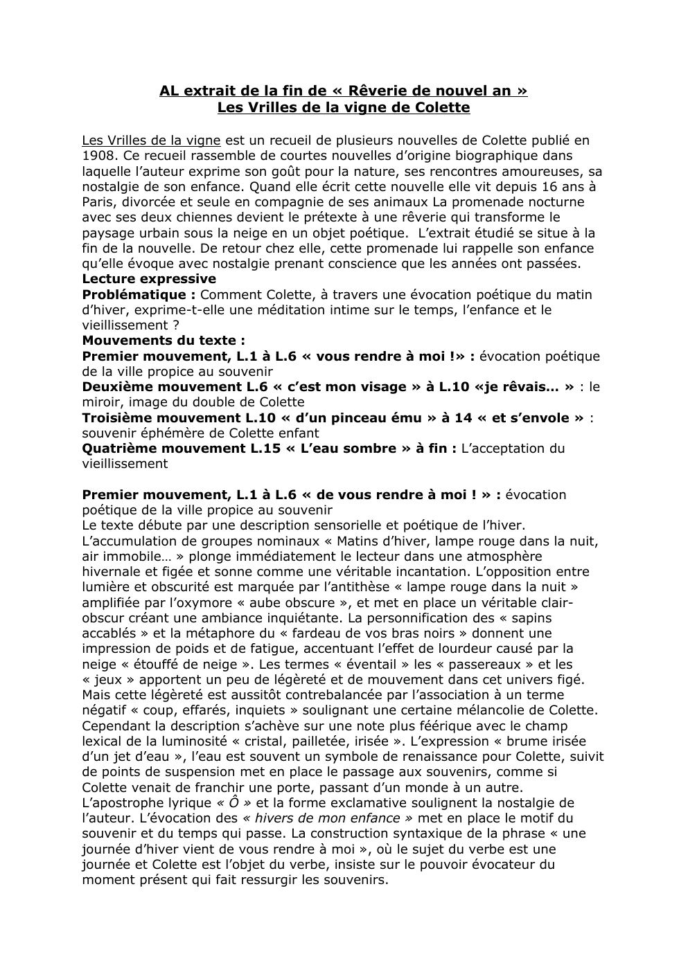 Prévisualisation du document Analyse linéaire rêverie du nouvel an extrait des Vrilles de la vigne de Colette