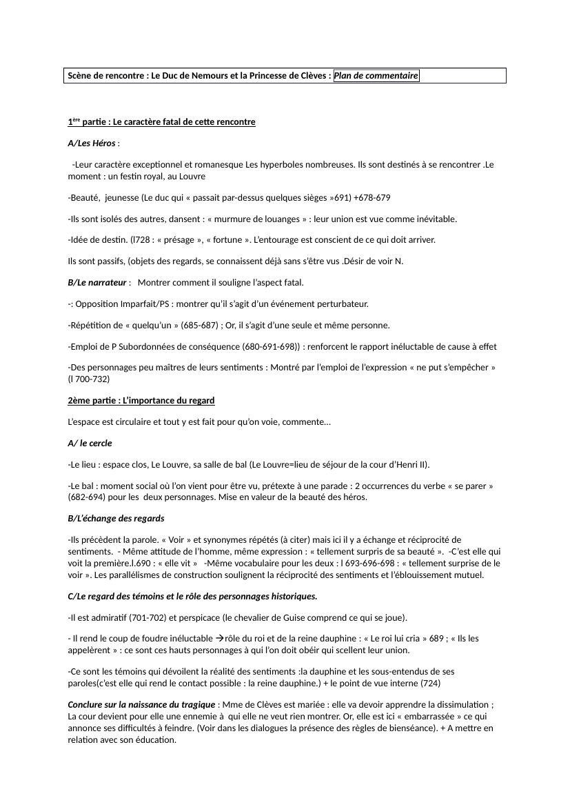 Prévisualisation du document Analyse linéaire: Scène de rencontre : Le Duc de Nemours et la Princesse de Clèves : Plan de commentaire