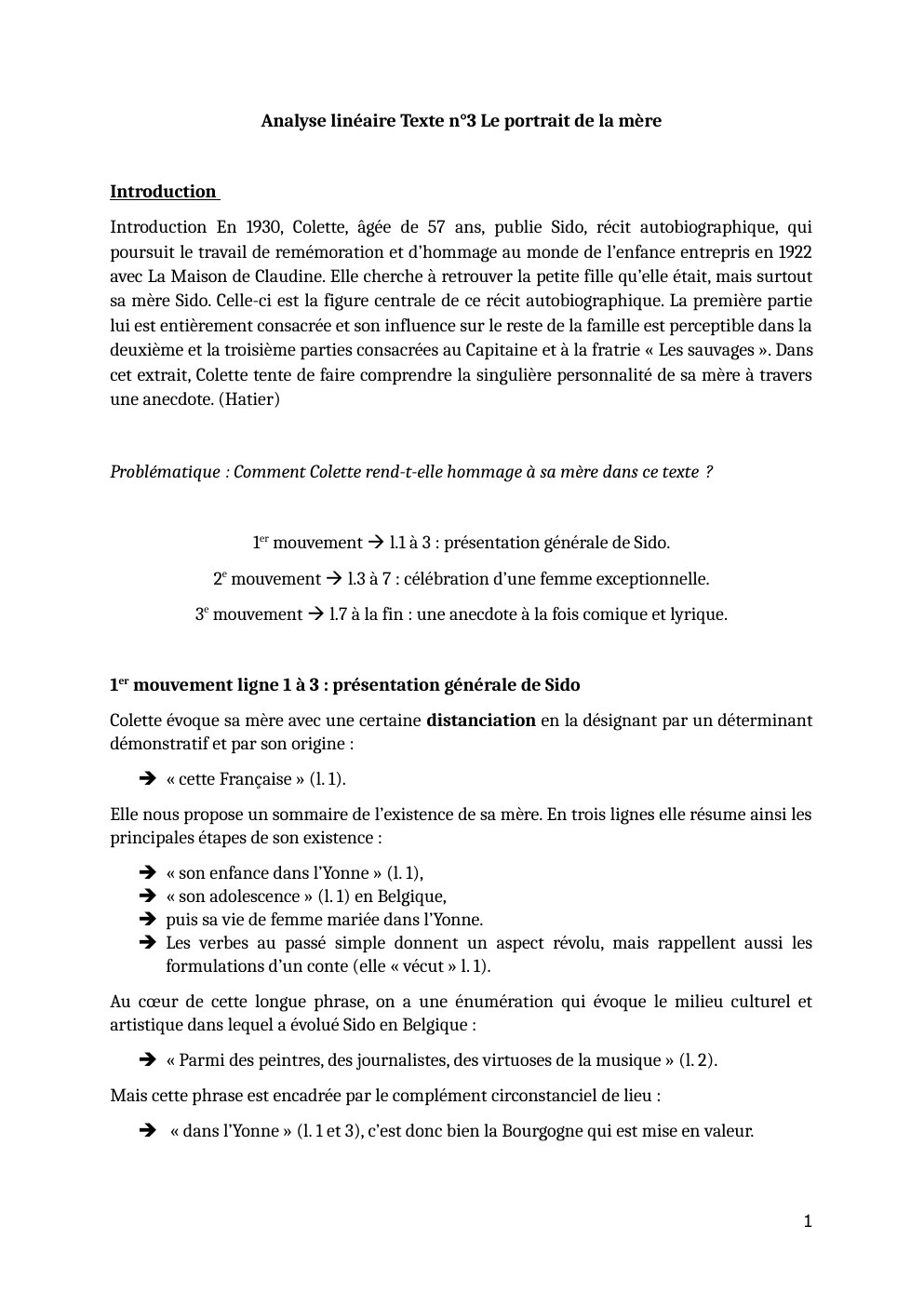 Prévisualisation du document Analyse linéaire Texte n°3 Le portrait de la mère - Colette