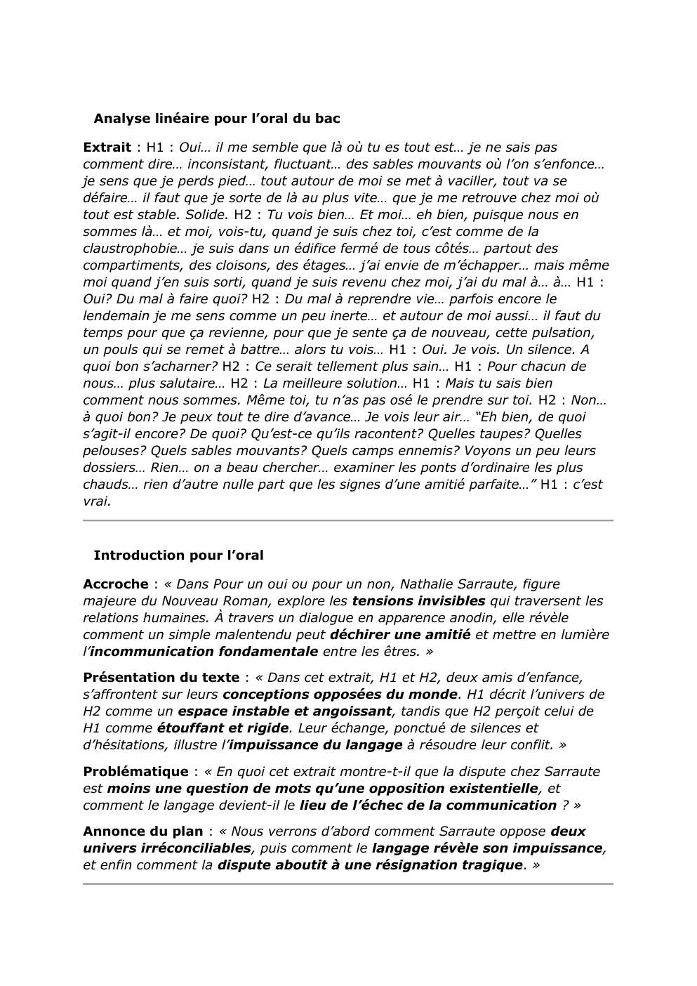 Prévisualisation du document Analyse linéaire texte pour un oui pour un non