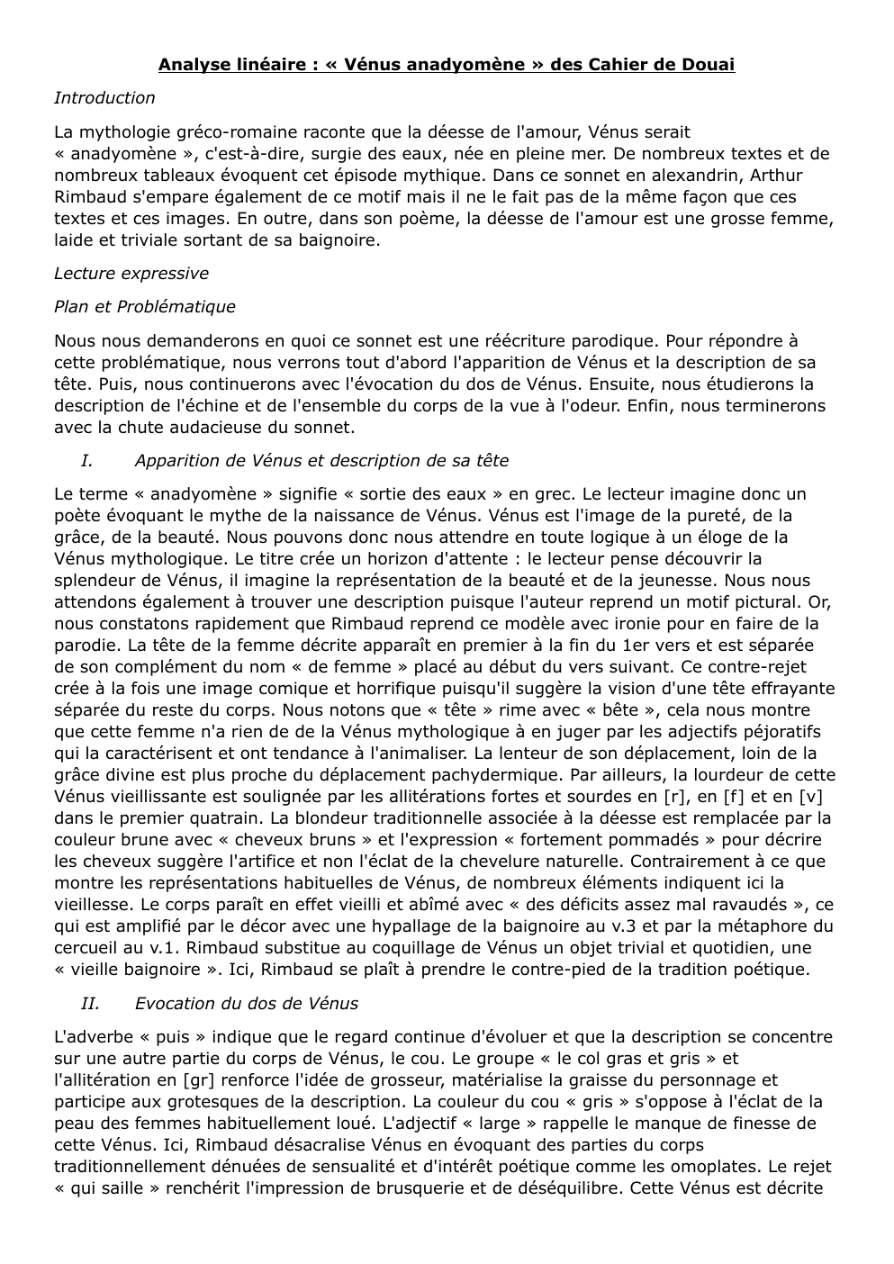 Prévisualisation du document Analyse linéaire : « Vénus anadyomène » des Cahier de Douai