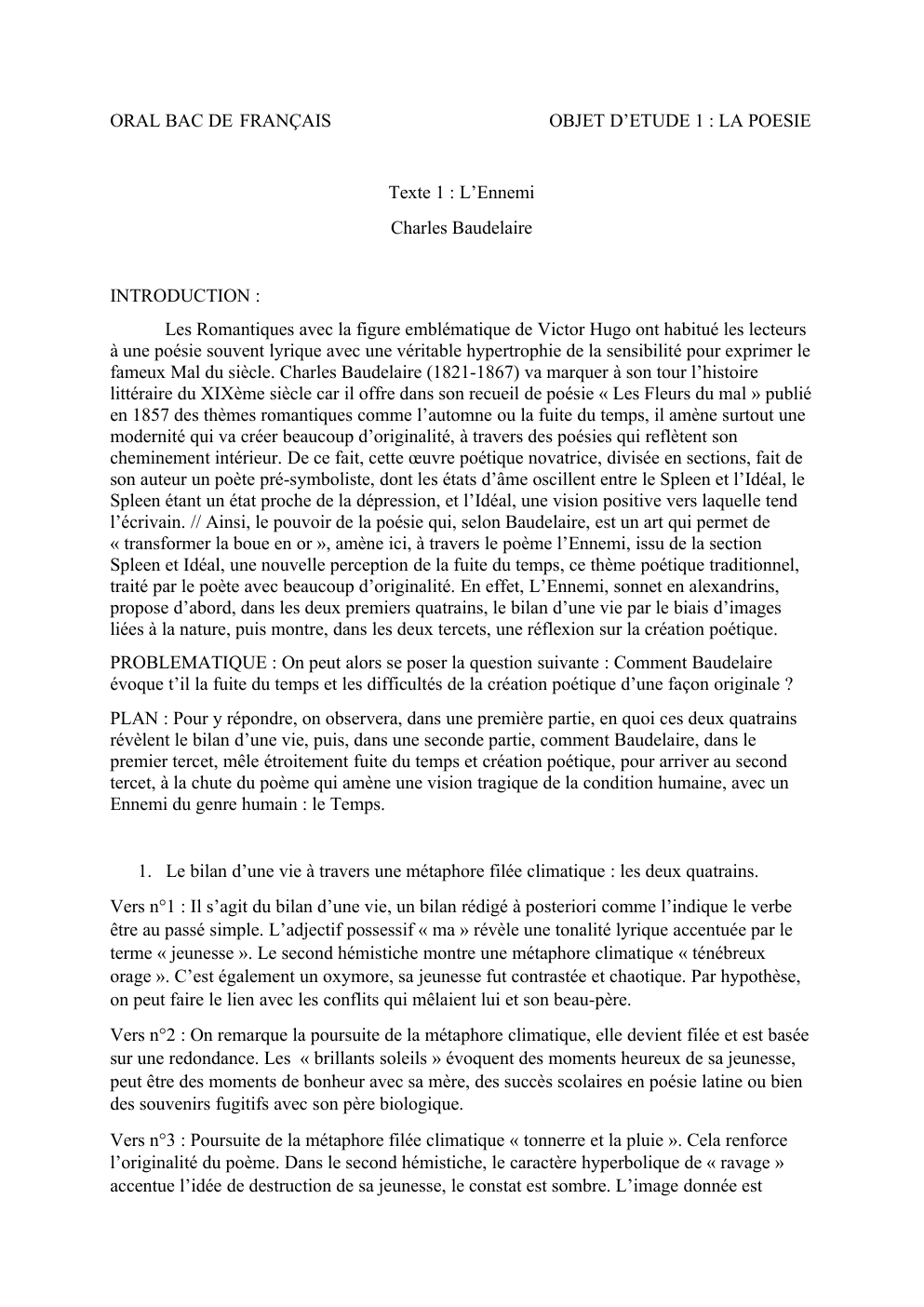 Prévisualisation du document Analyse littéraire du poème L'Ennemi de Baudelaire