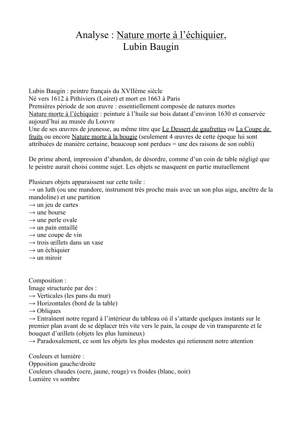 Prévisualisation du document Analyse : Nature morte à l’échiquier, Lubin Baugin