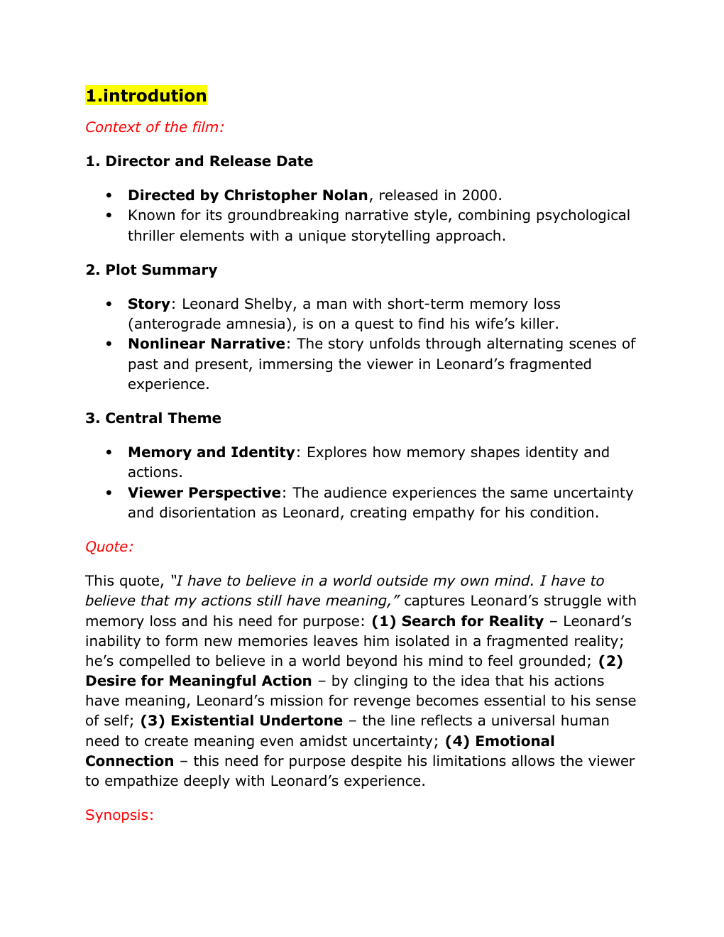 Prévisualisation du document analyse of movie momento and mentall ilness depictedd