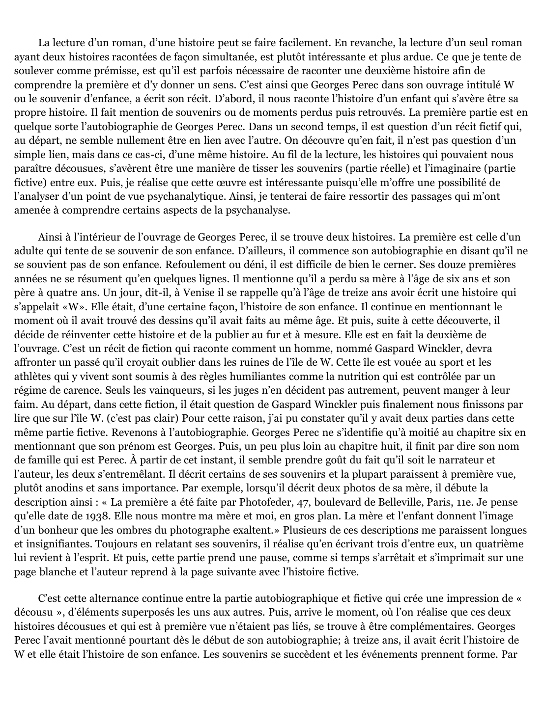 Prévisualisation du document Analyse Psychanalytique : Georges Perec W Ou Le Souvenir D'enfance