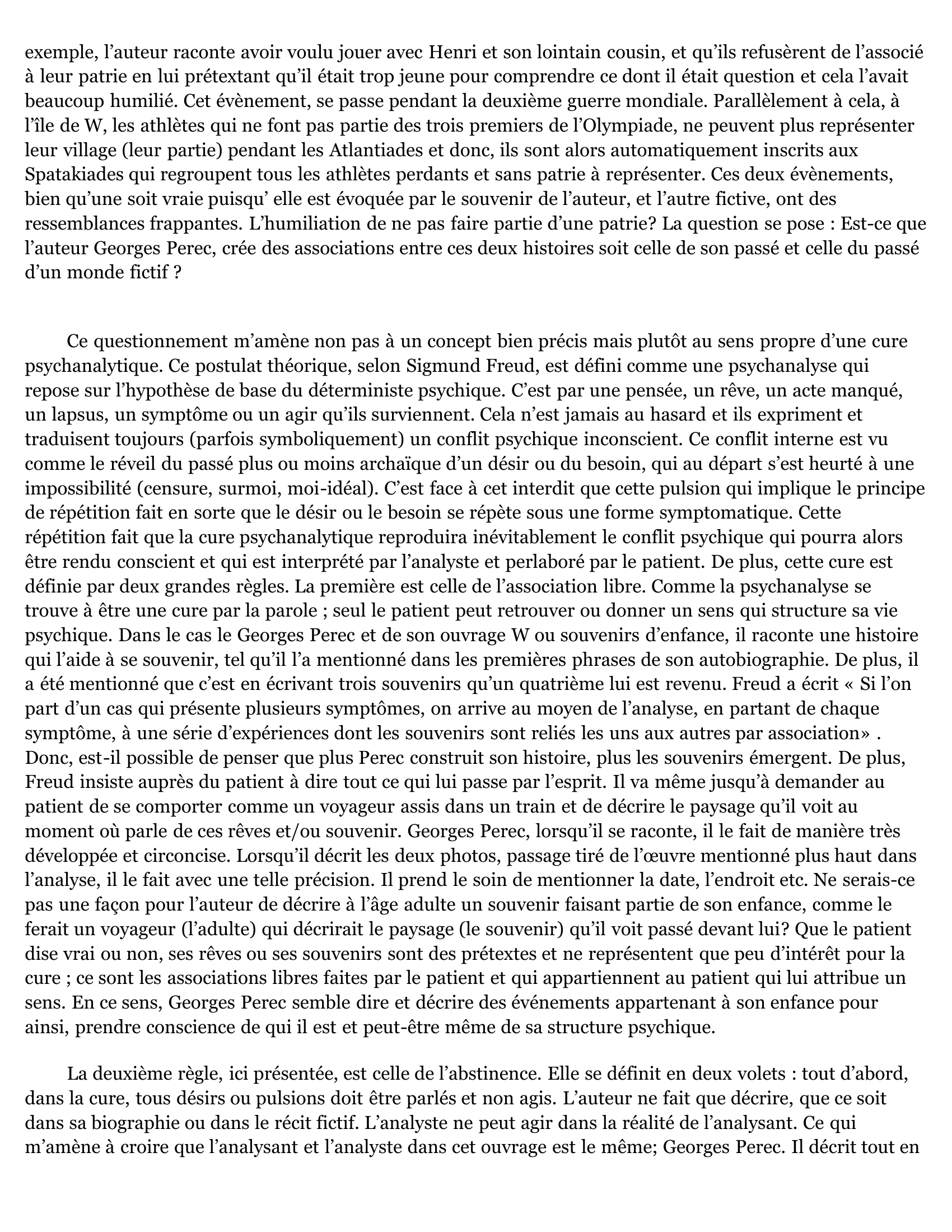 Prévisualisation du document Analyse Psychanalytique : Georges Perec W Ou Le Souvenir D'enfance