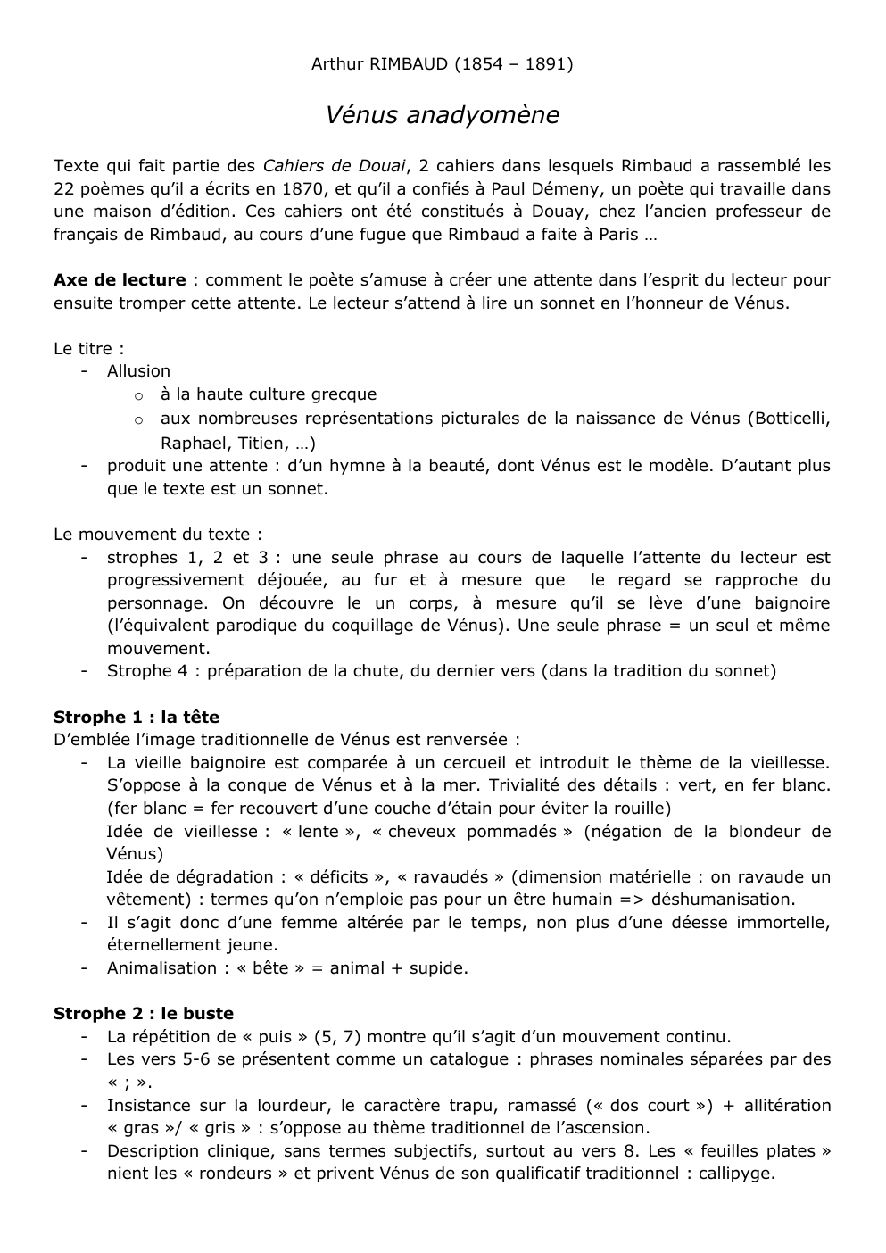 Prévisualisation du document Analyse Texte bac français Arthur RIMBAUD (1854 – 1891)  Vénus anadyomène