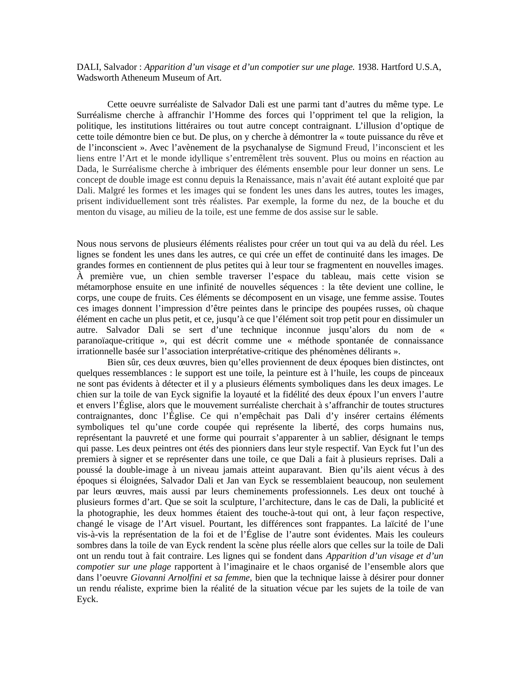 Prévisualisation du document Analyse VAN EYCK, Jan : Giovanni Arnolfini et sa femme et DALI, Salvador : Apparition d’un visage et d’un compotier sur une plage
