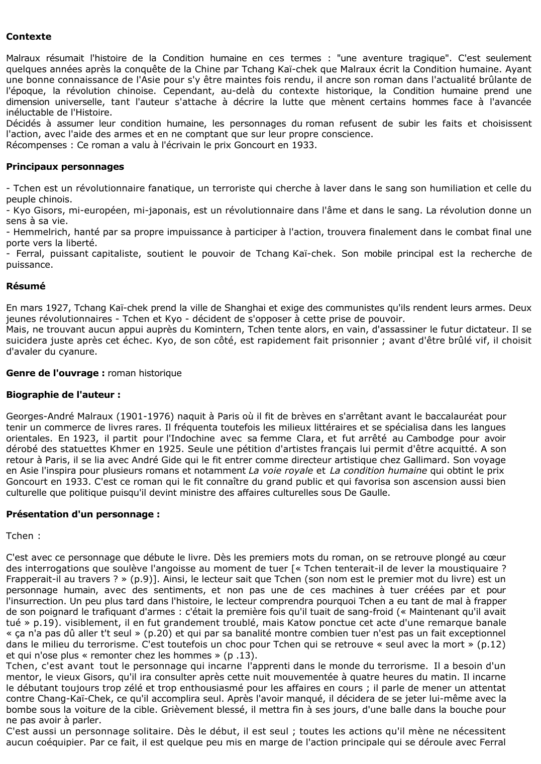 Prévisualisation du document ANDRE MALRAUX : LA CONDITION HUMAINE (Résumé & Analyse)