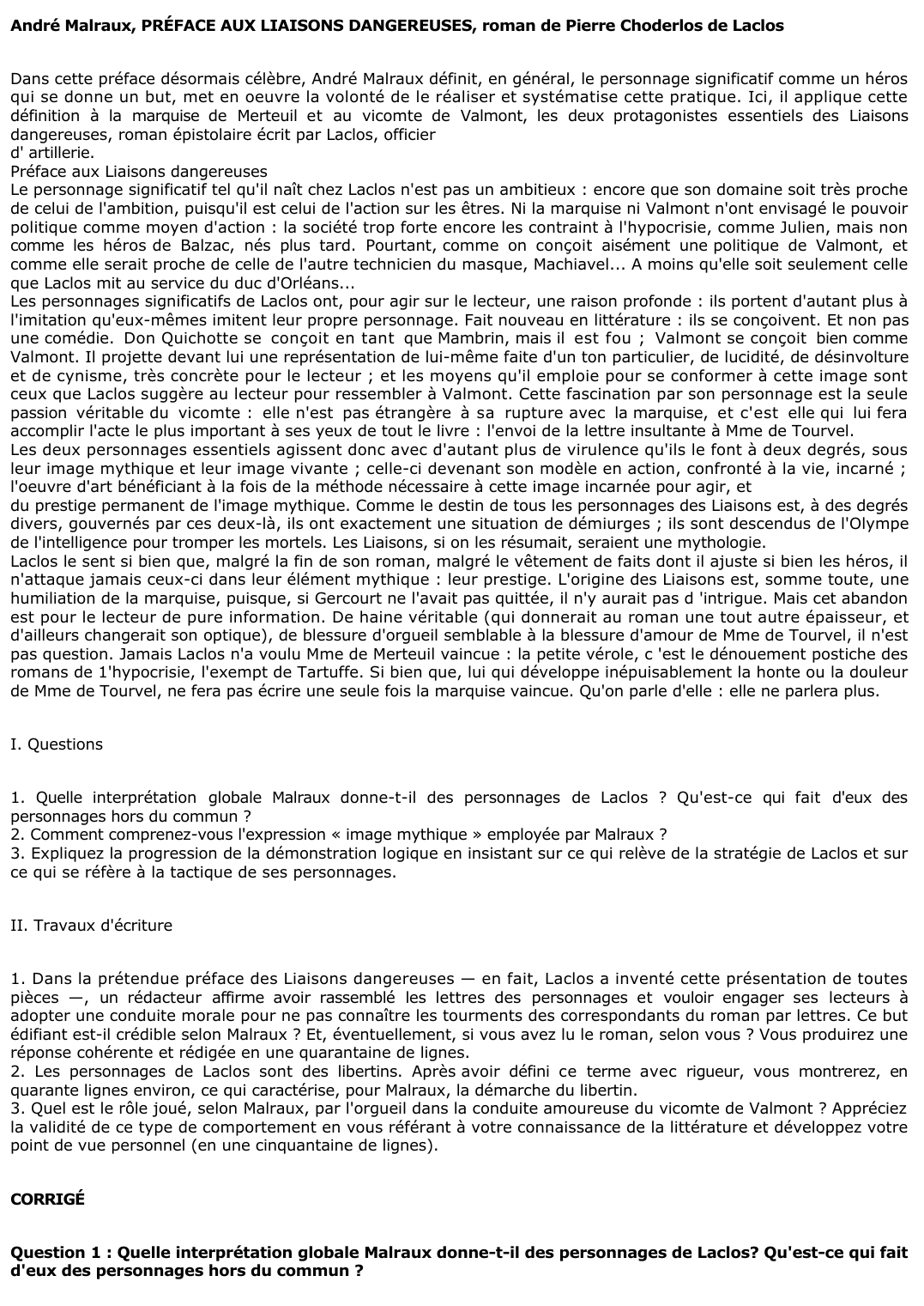 Prévisualisation du document André Malraux, PRÉFACE AUX LIAISONS DANGEREUSES, roman de Pierre Choderlos de Laclos