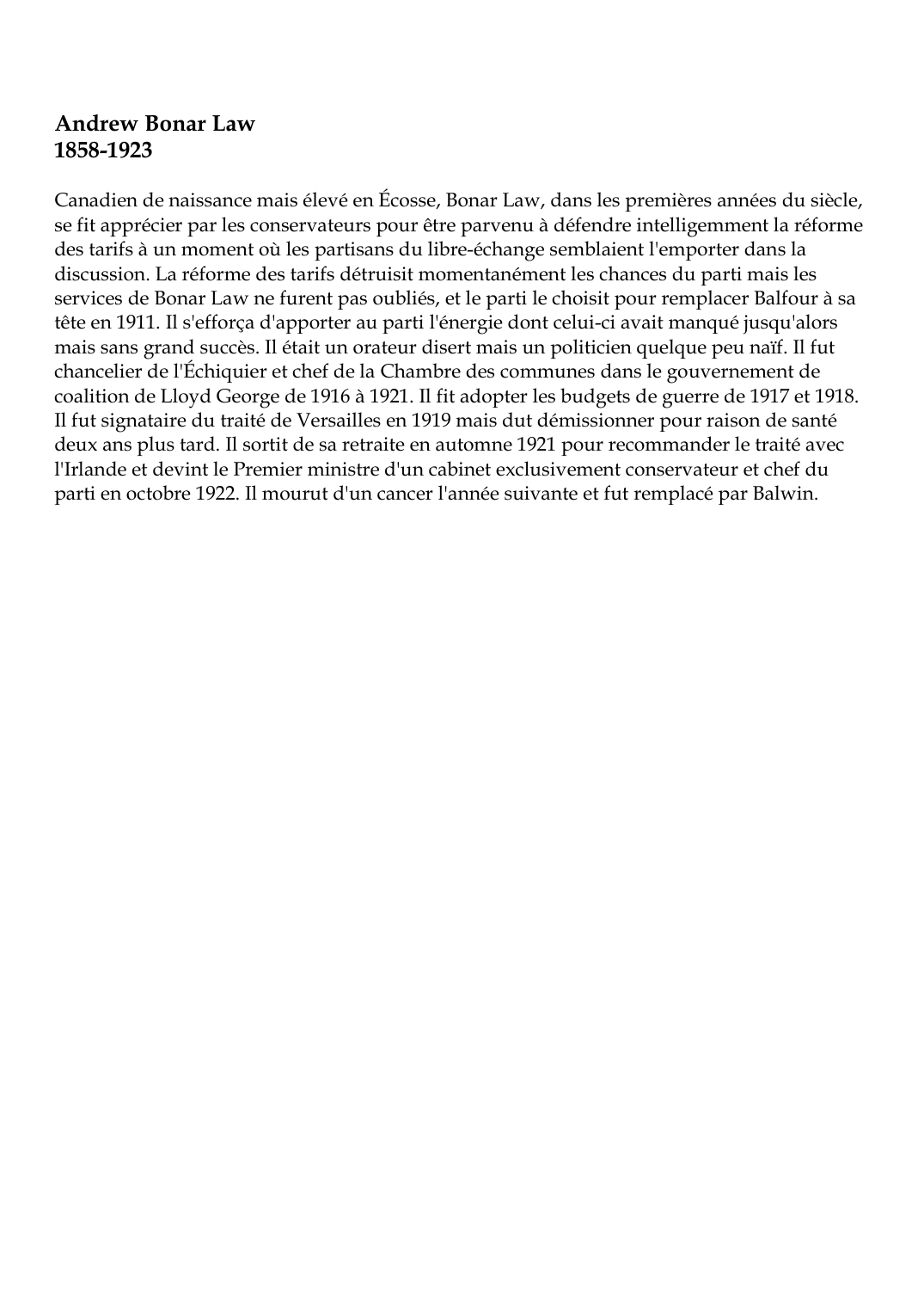 Prévisualisation du document Andrew Bonar Law1858-1923Canadien de naissance mais élevé en Écosse, Bonar