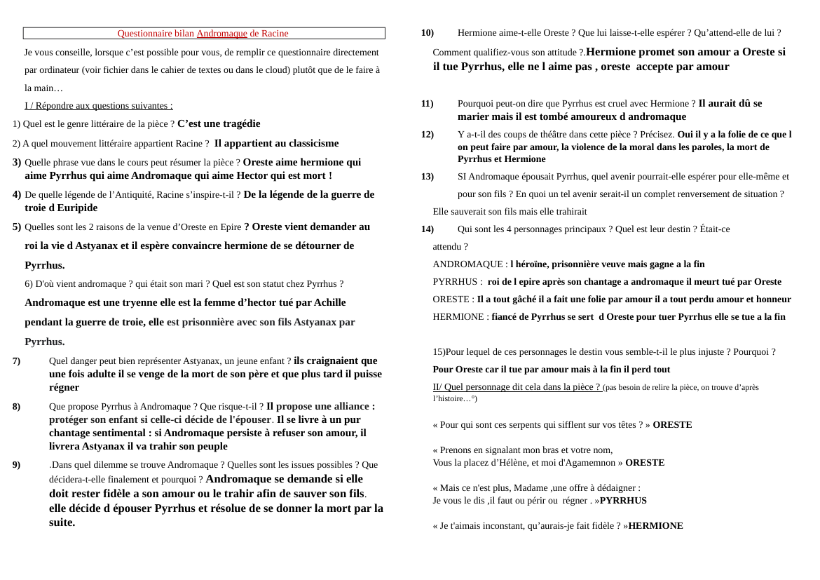 Prévisualisation du document Andromaque - questionnaire de lecture