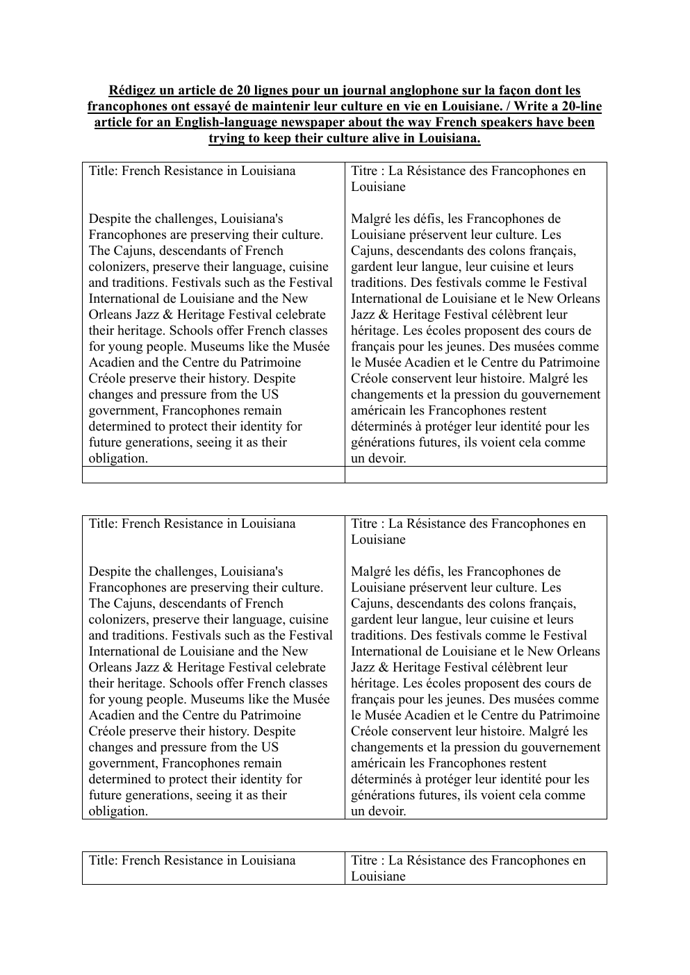 Prévisualisation du document Anglais - Cajun People - Rédigez un article de 20 lignes pour un journal anglophone sur la façon dont les francophones ont essayé de maintenir leur culture en vie en Louisiane.