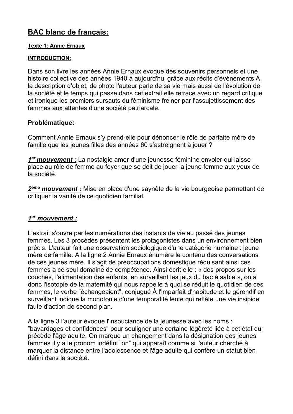 Prévisualisation du document annie ernaux correction BAC blanc de français: Texte 1: Annie Ernaux