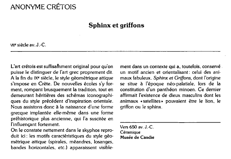 Prévisualisation du document ANONYME CRÉTOIS:Sphinx et griffons (analyse).