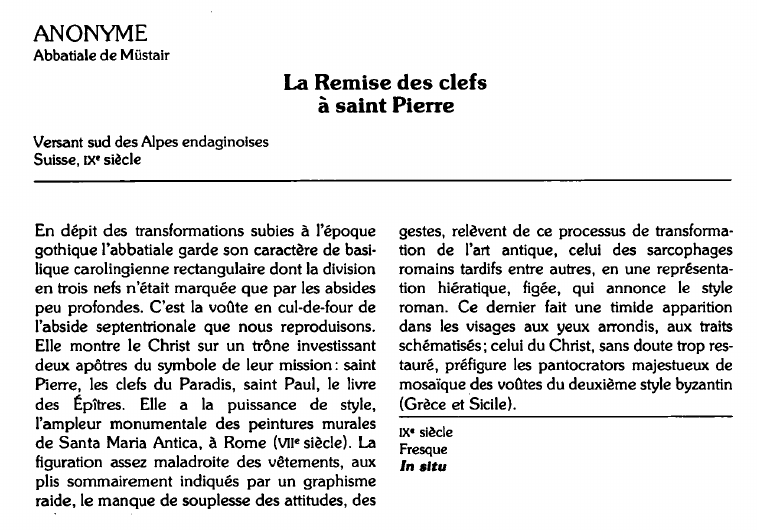 Prévisualisation du document ANONYME:Abbatiale de MüstairLa Remise des clefsà saint Pierre (analyse).