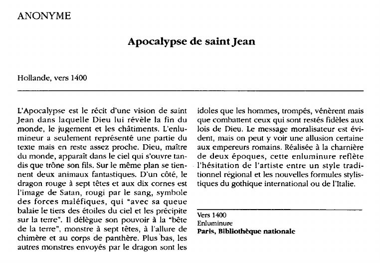 Prévisualisation du document ANONYME:Apocalypse de saint Jean (analyse du tableau).