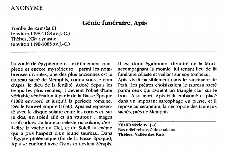 Prévisualisation du document ANONYME:Génie funéraire, Apis.