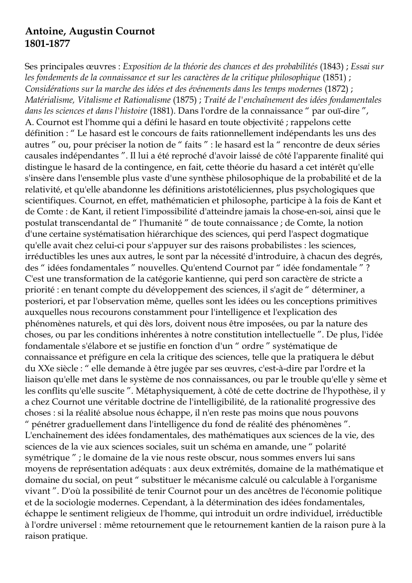 Prévisualisation du document Antoine, Augustin Cournot1801-1877Ses principales oeuvres : Exposition de la théorie