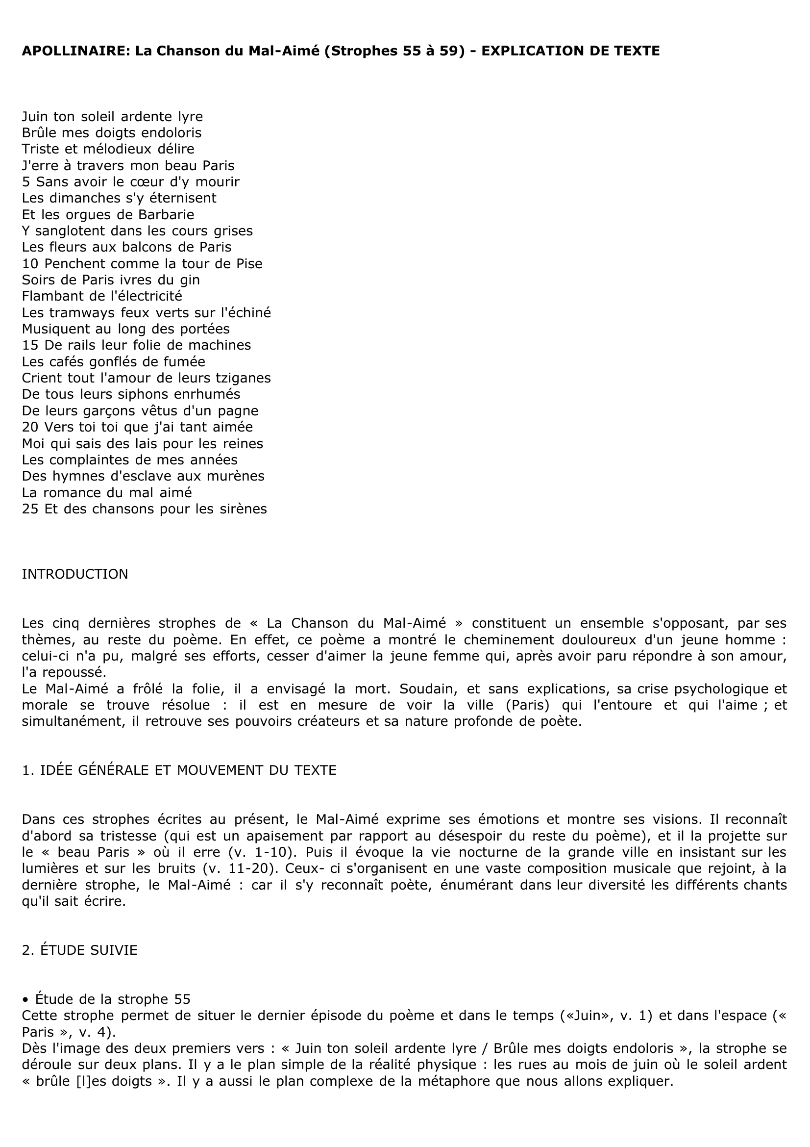 Prévisualisation du document APOLLINAIRE: La Chanson du Mal-Aimé (Strophes 55 à 59) - EXPLICATION DE TEXTE