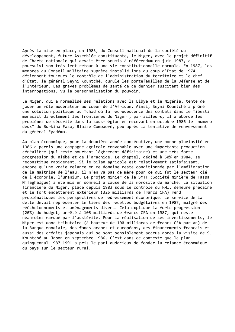 Prévisualisation du document Après la mise en place, en 1983, du Conseil national de la société du
développement, future Assemblée constituante, le Niger,...