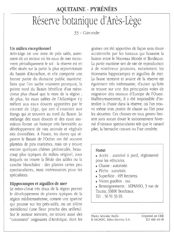 Prévisualisation du document AQUITAINE - PYRÉNÉES :Réserve botanique d'Arès-Lège.