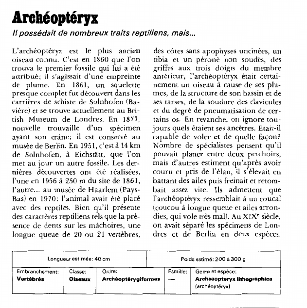 Prévisualisation du document Archéoptéryx:Il possédait de nombreux traits reptiliens, mais.