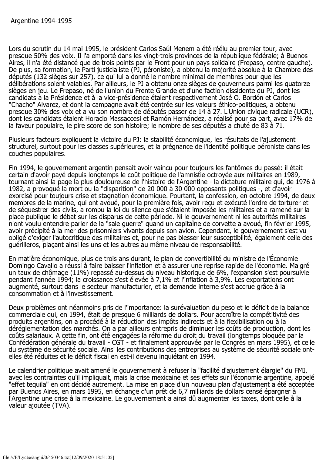 Prévisualisation du document Argentine (1994-1995)
